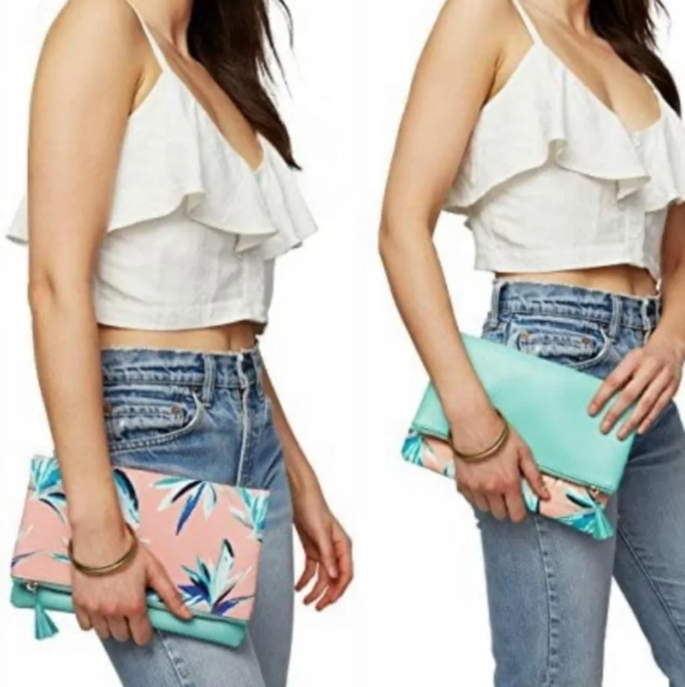 NEW RACHEL PALLY Paradise Tropical Mint Coral Tassel Reversible Clutch Bag